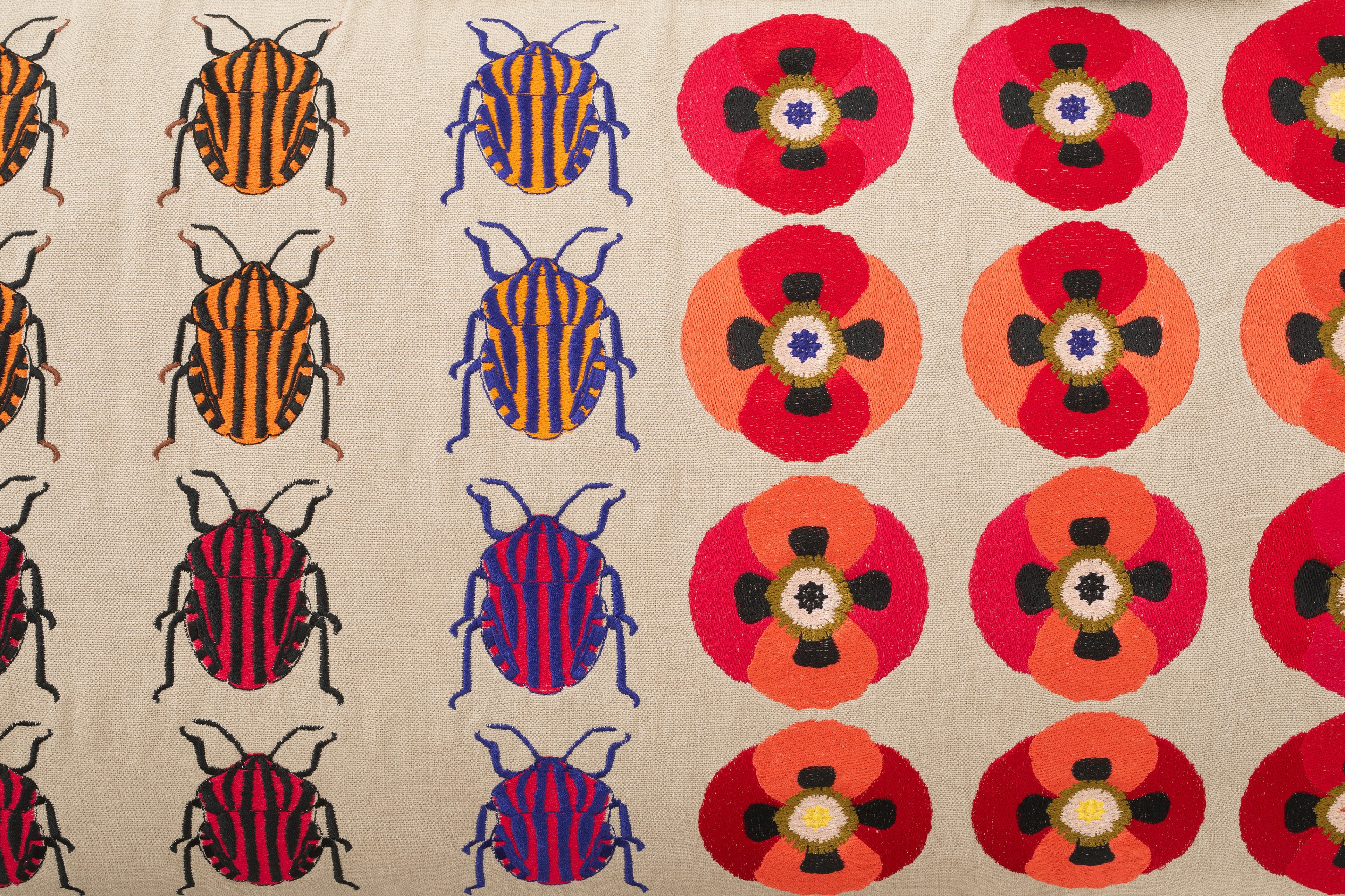 Oak bench with striped shield bugs, opium poppy flowers and snails