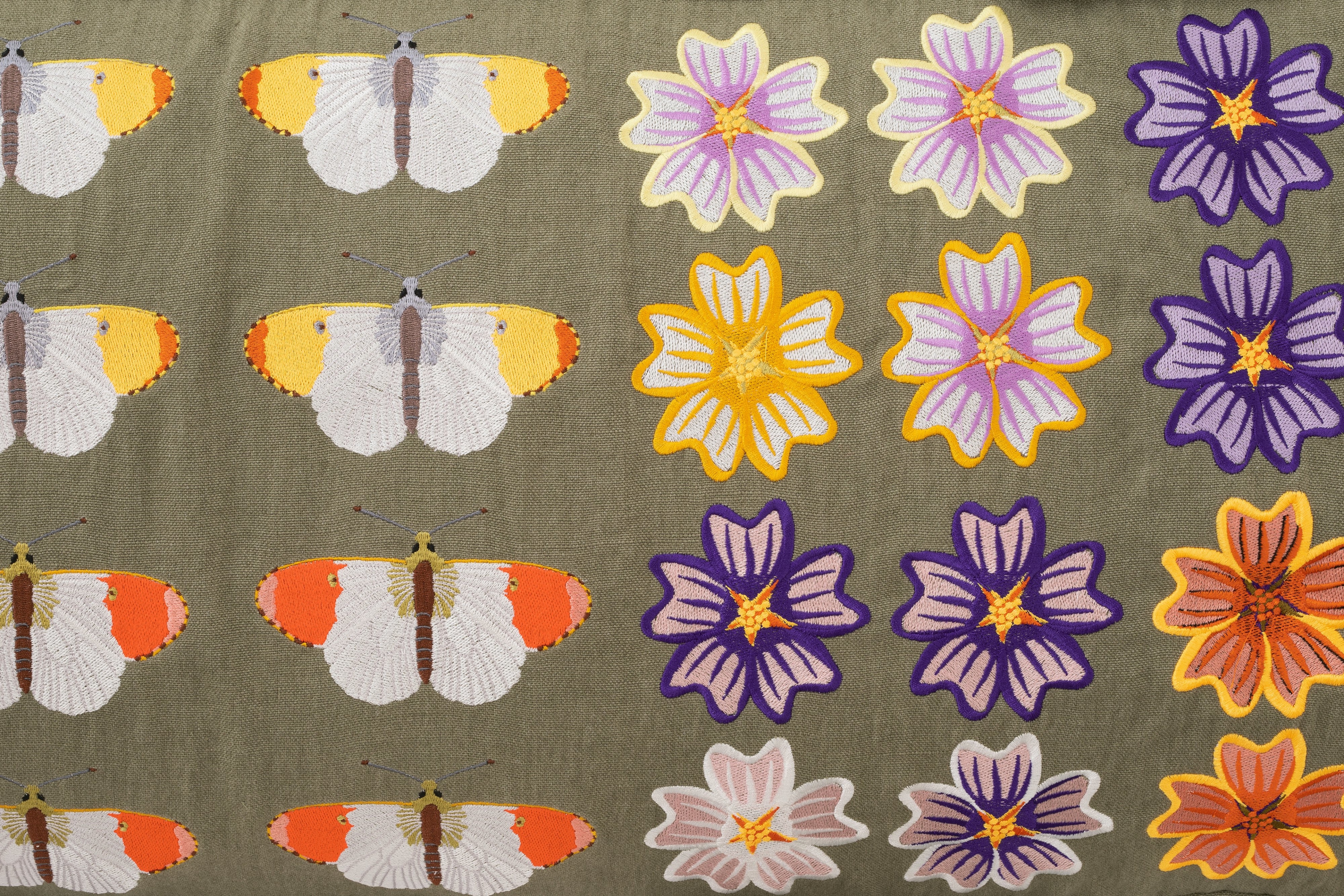 Oak bench with orange tip butterflies, mallow flowers and snails