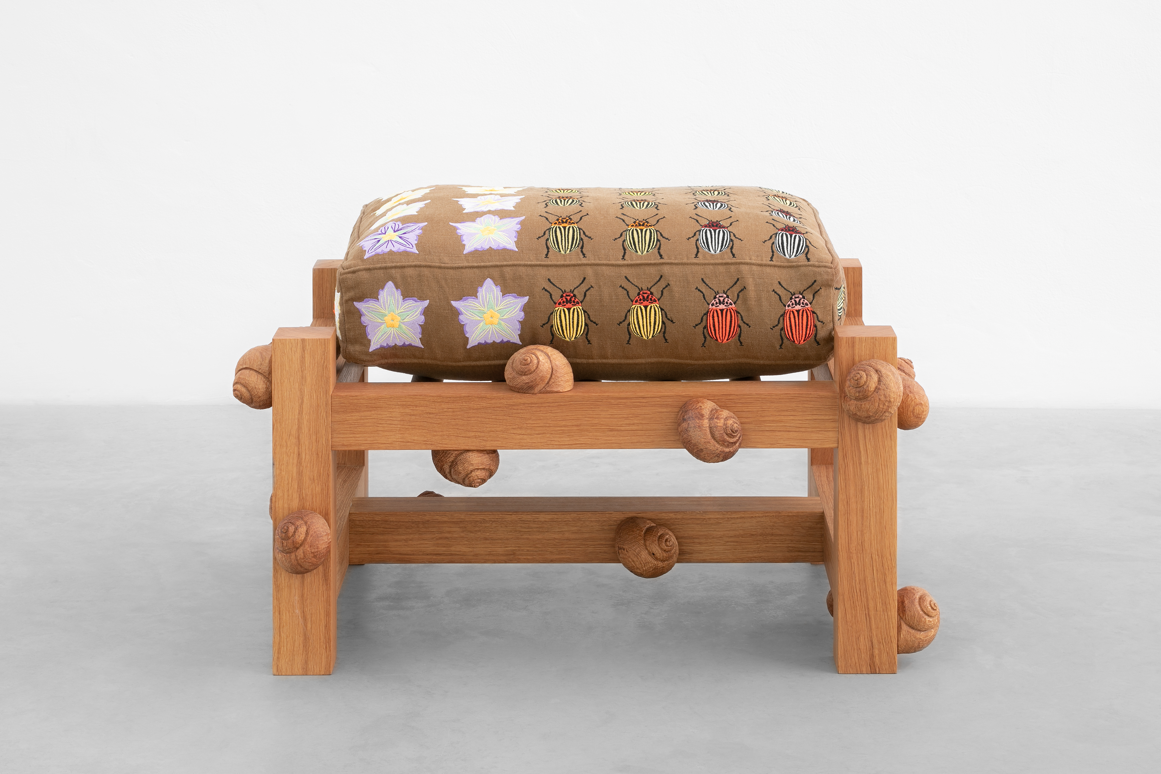 Oak bench with Colorado beetles, potato flowers and snails