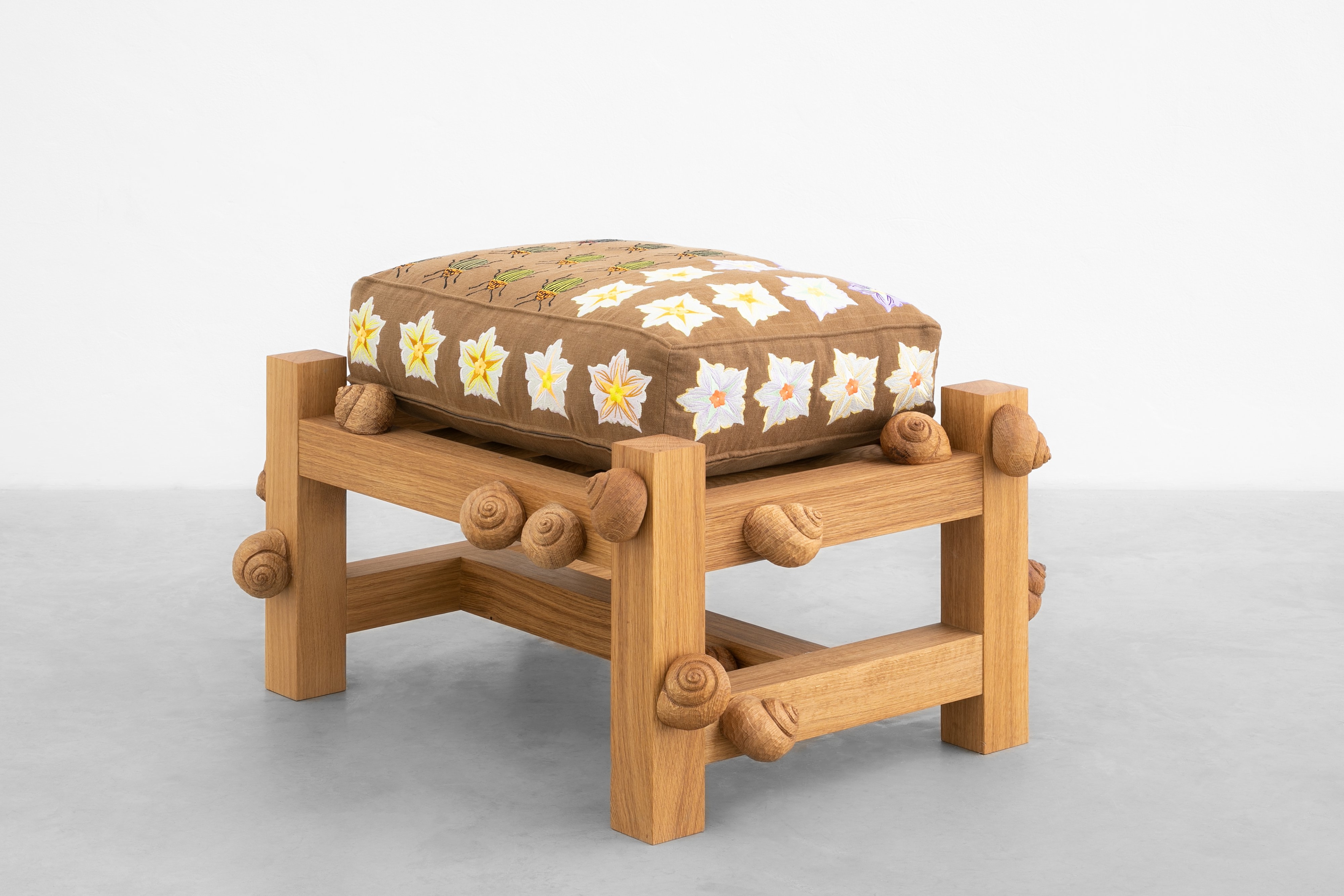 Oak bench with Colorado beetles, potato flowers and snails