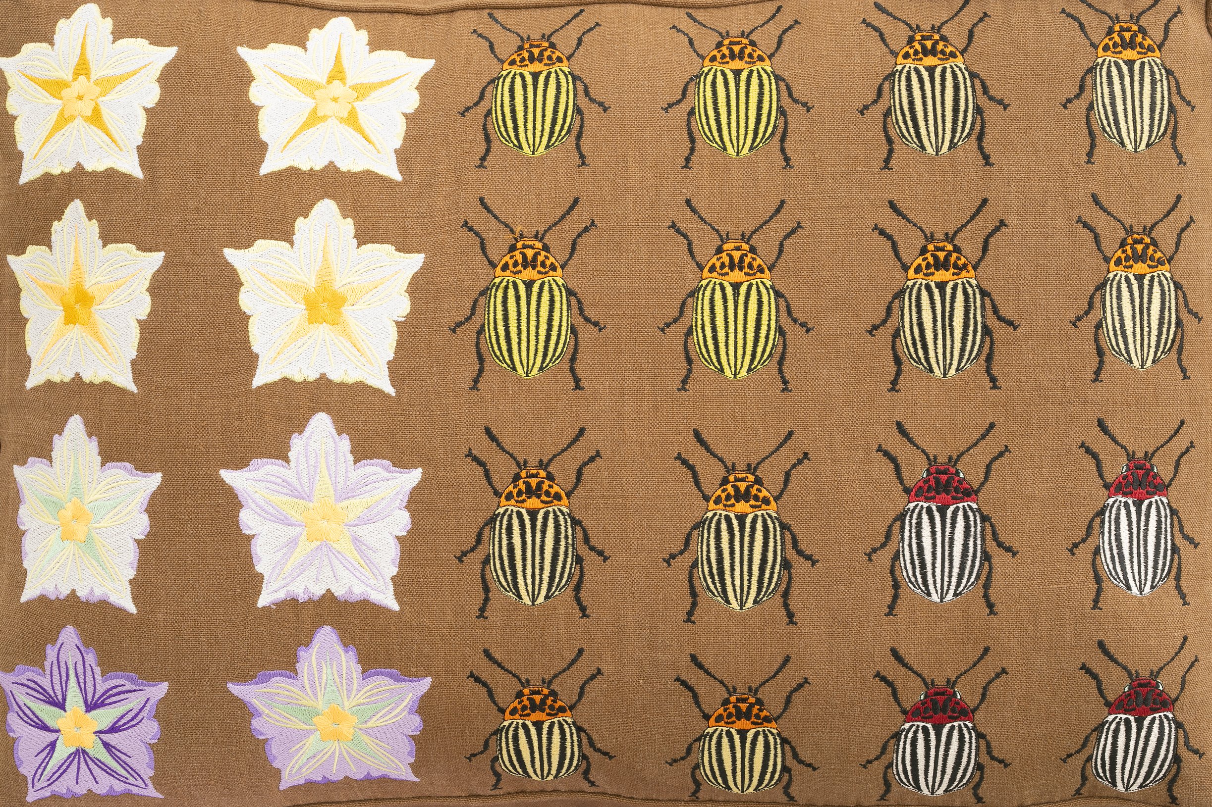 Oak bench with Colorado beetles, potato flowers and snails