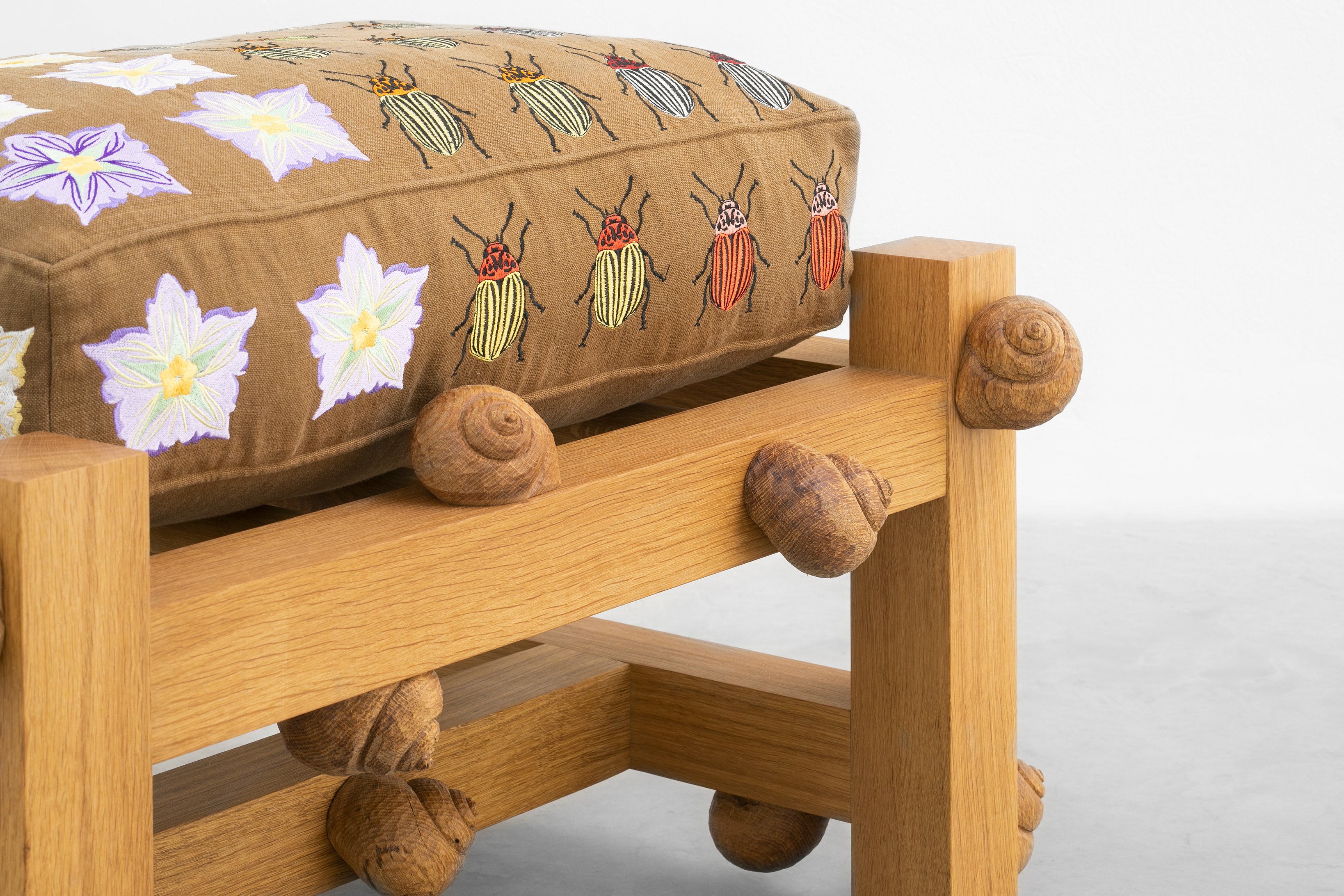 Oak bench with Colorado beetles, potato flowers and snails
