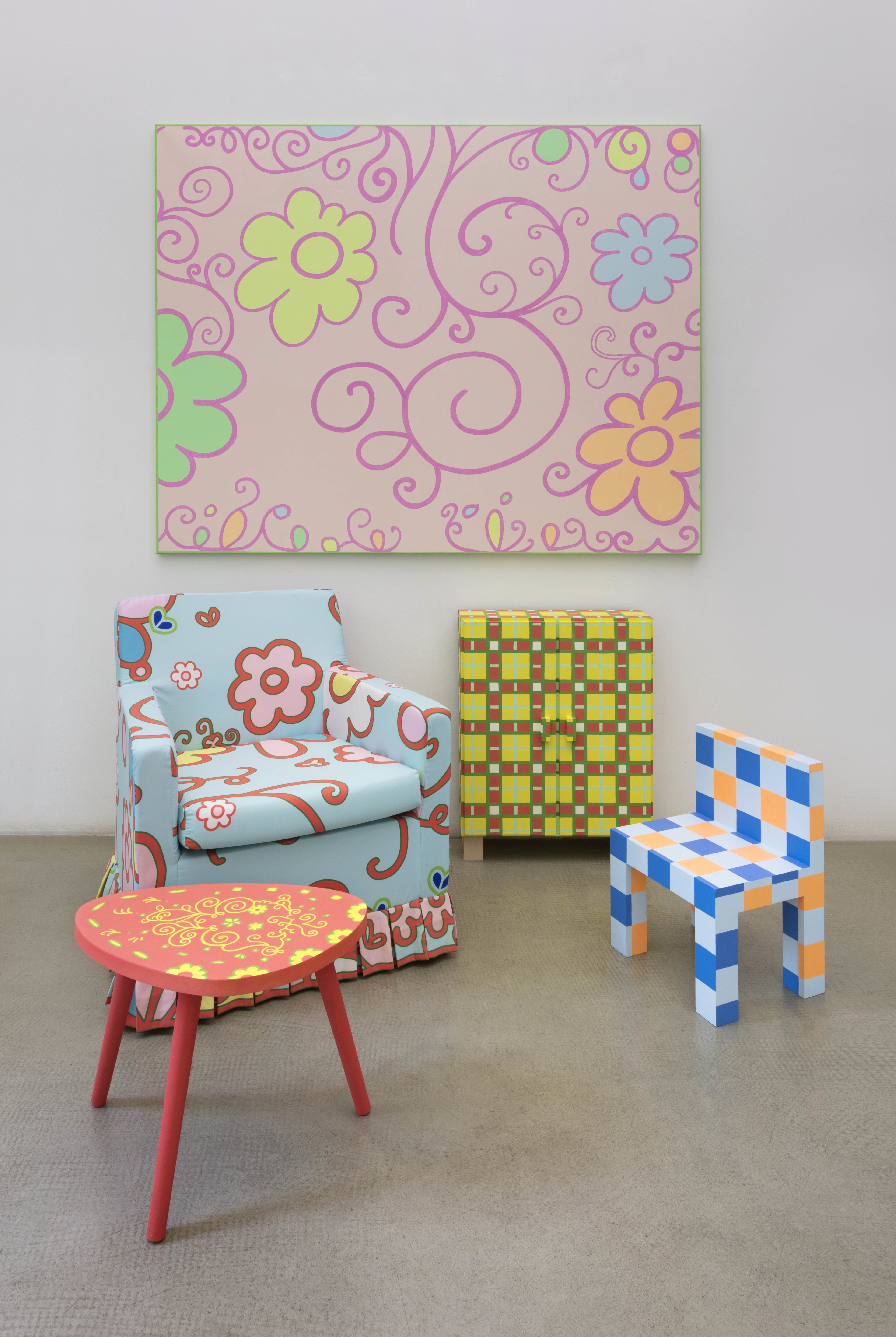 Small Pink Decoration with Painting, Armchair, Closet, Little Table, Blue Chair