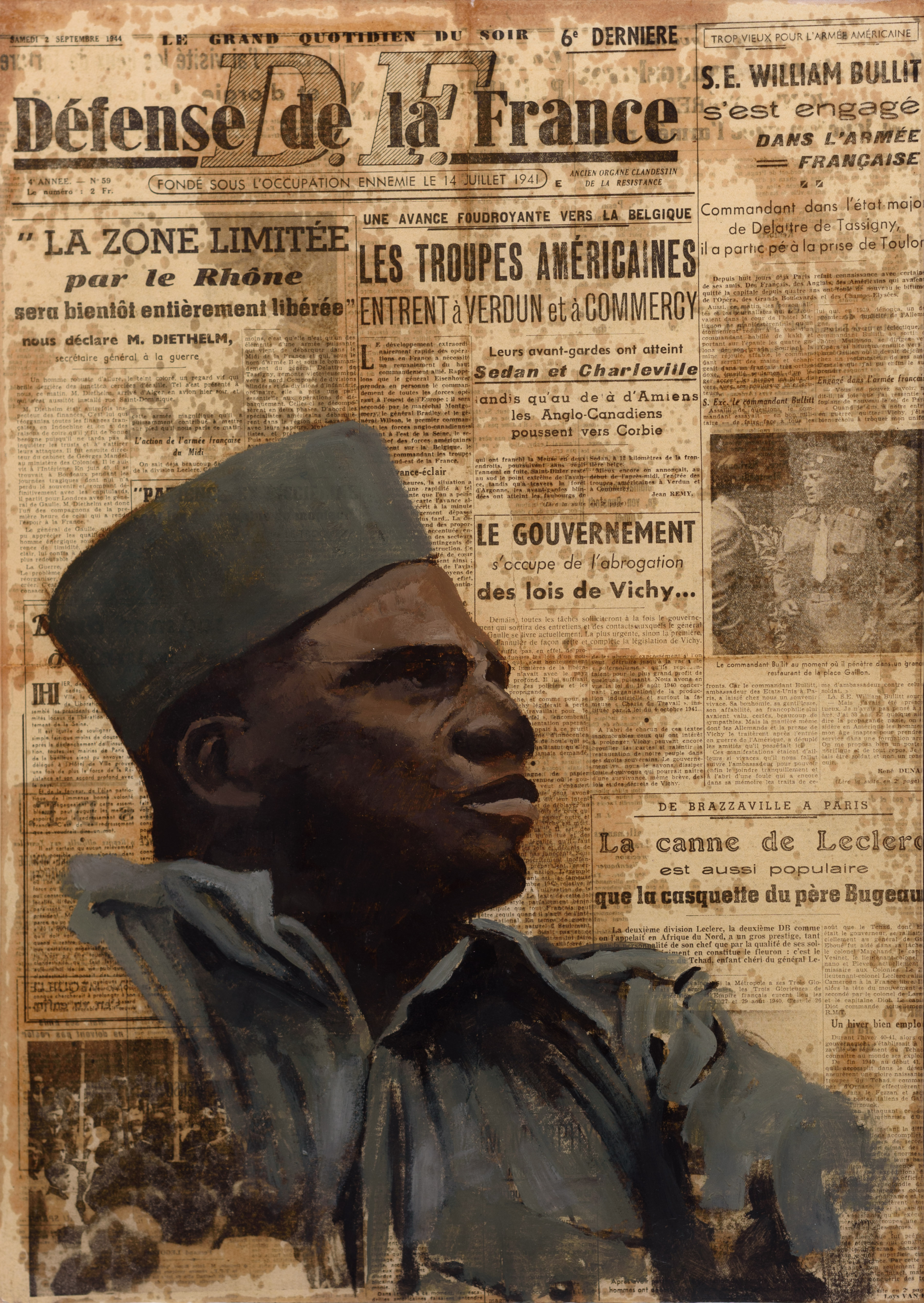 Soldat, uniforme gris, de profil