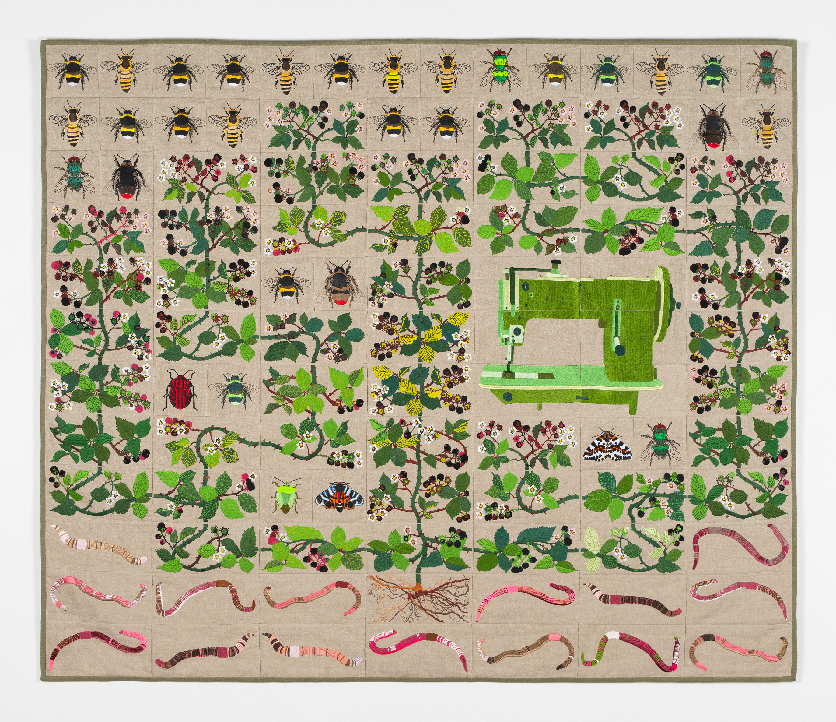 Embroidered quilt with earthworms, bramble plant, hebe tiger moth, magpie moth, green stink bug, str...