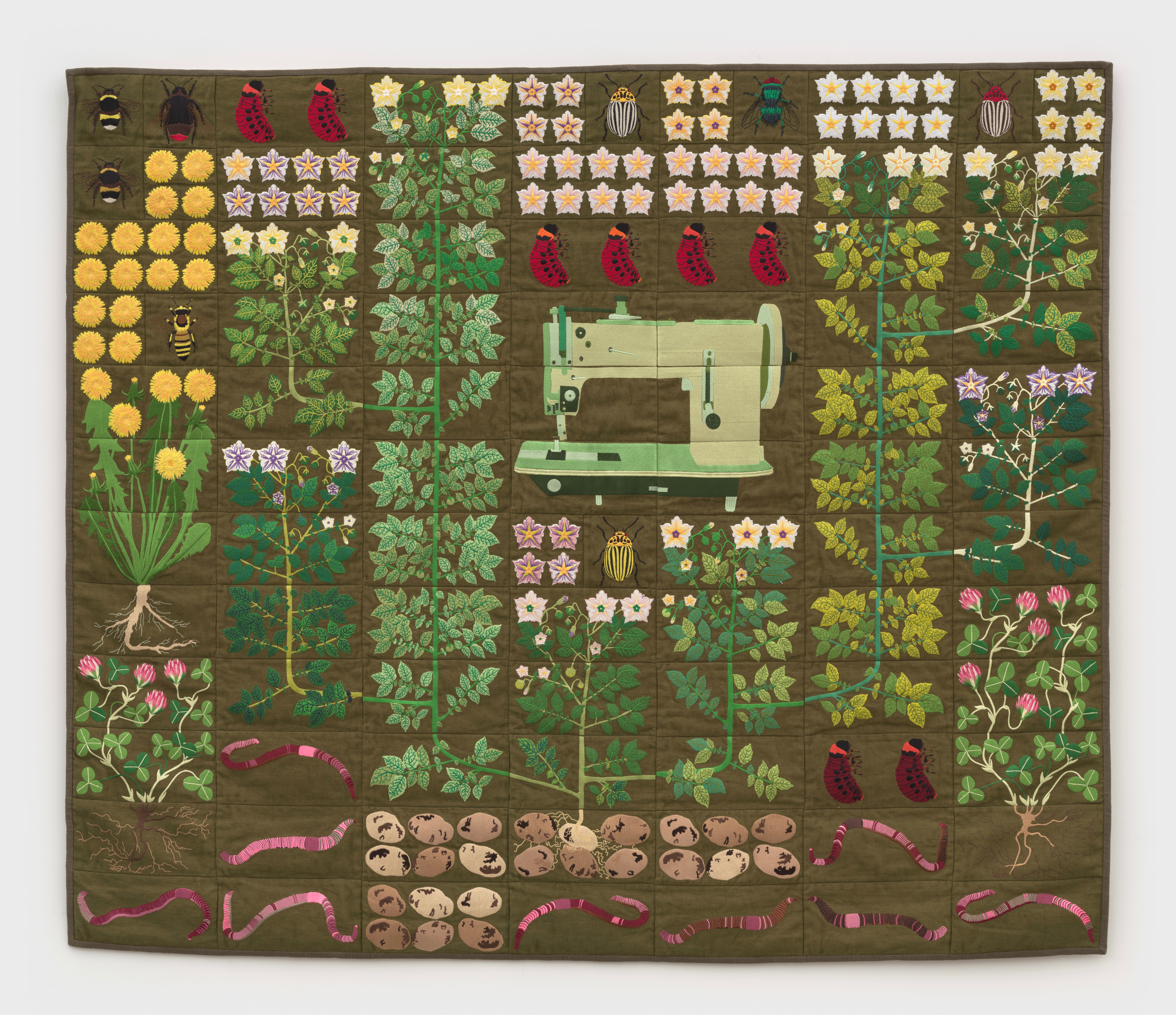 Embroidered quilt with earthworms, potato plants, clover plants, Colorado beetle larvae, Colorado be...