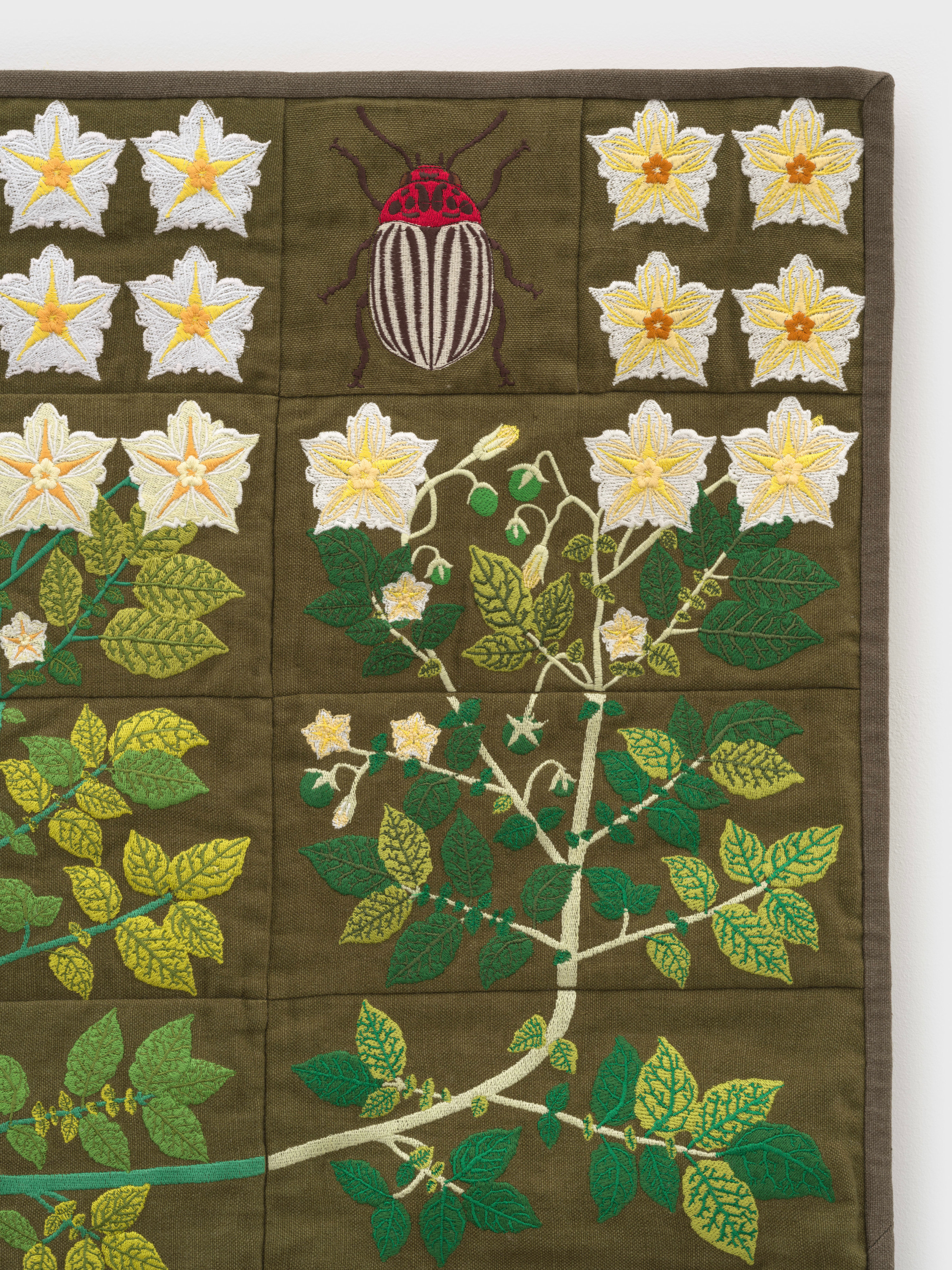 Embroidered quilt with earthworms, potato plants, clover plants, Colorado beetle larvae, Colorado be...