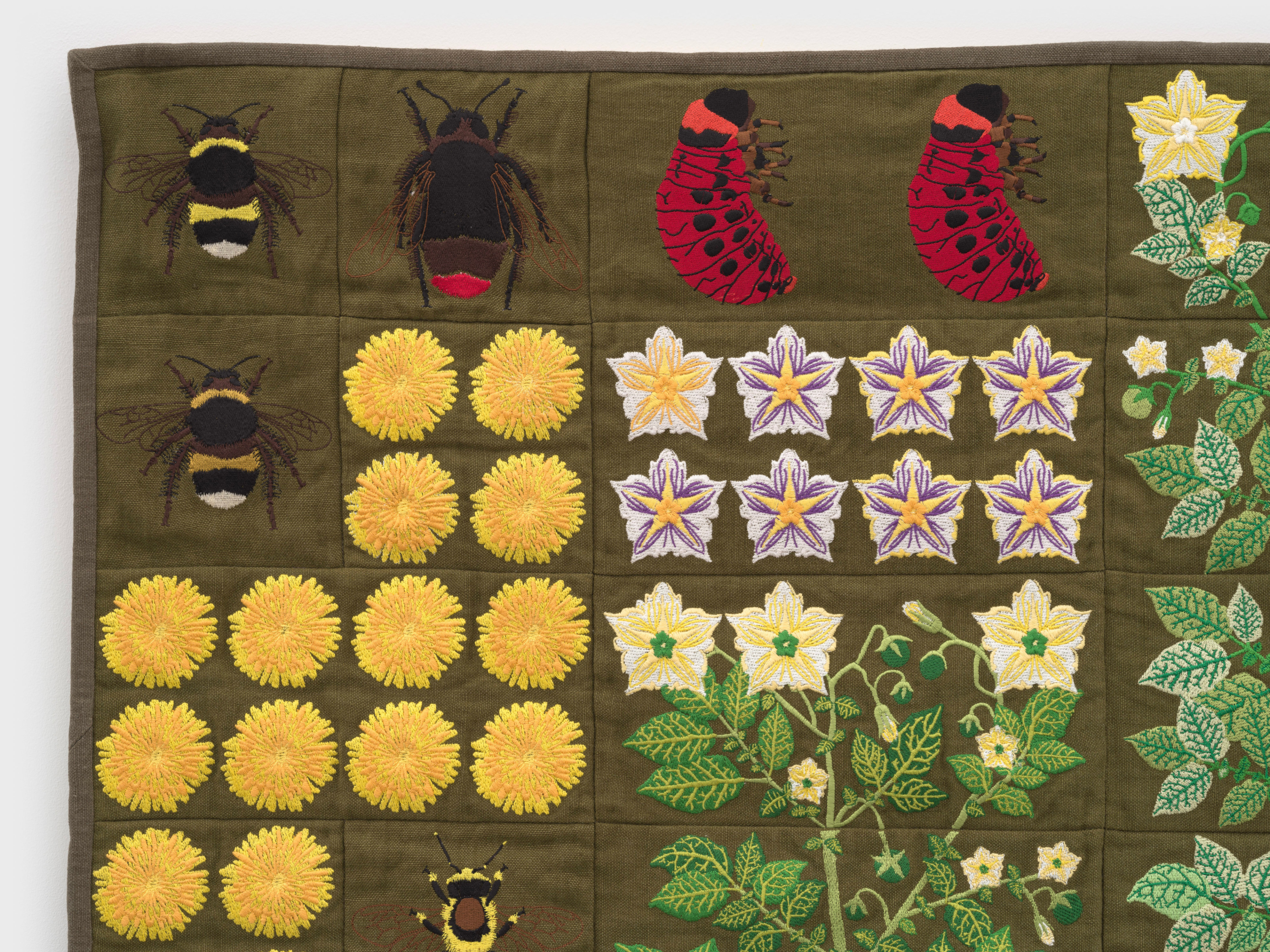 Embroidered quilt with earthworms, potato plants, clover plants, Colorado beetle larvae, Colorado be...