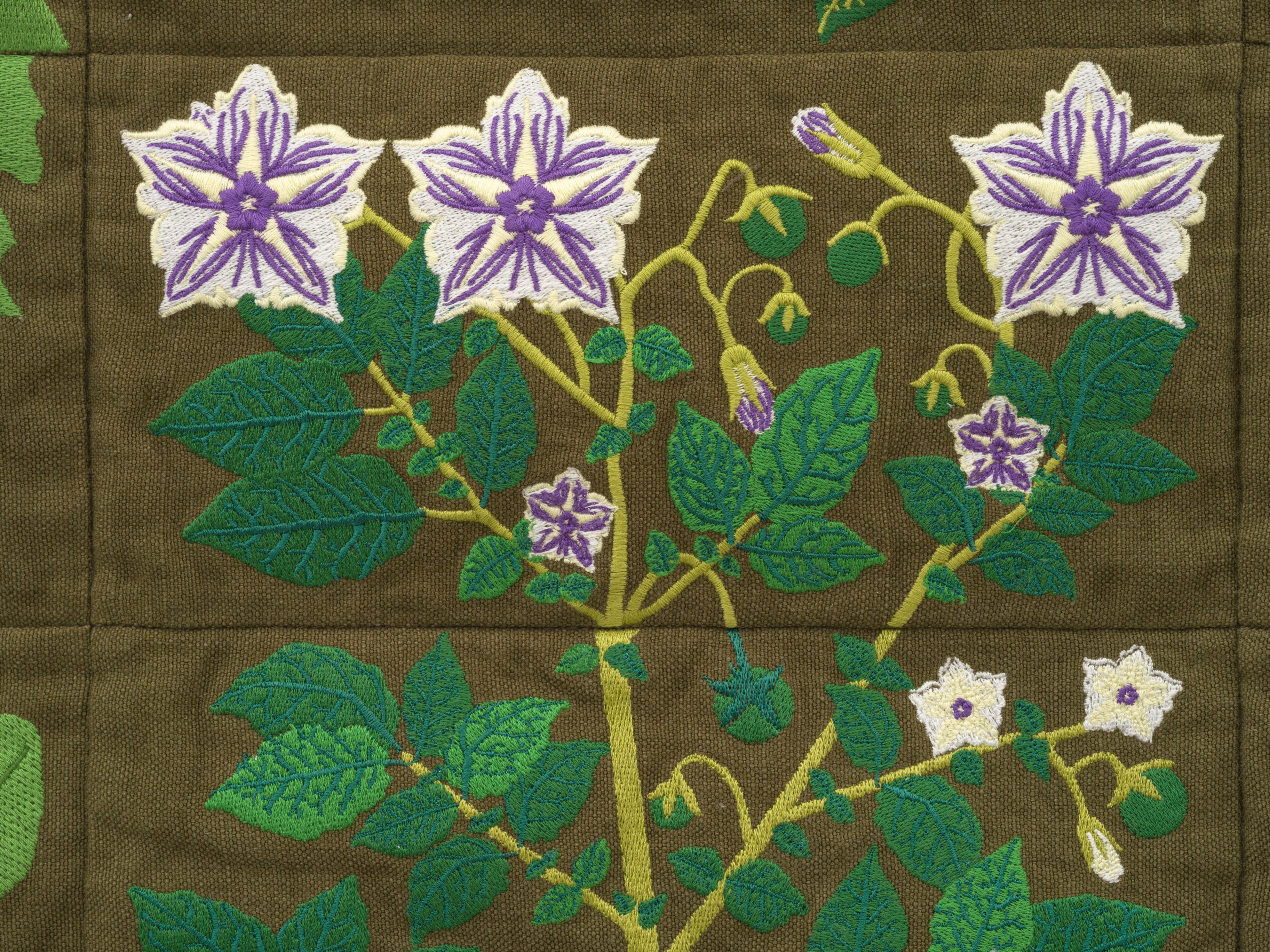 Embroidered quilt with earthworms, potato plants, clover plants, Colorado beetle larvae, Colorado be...