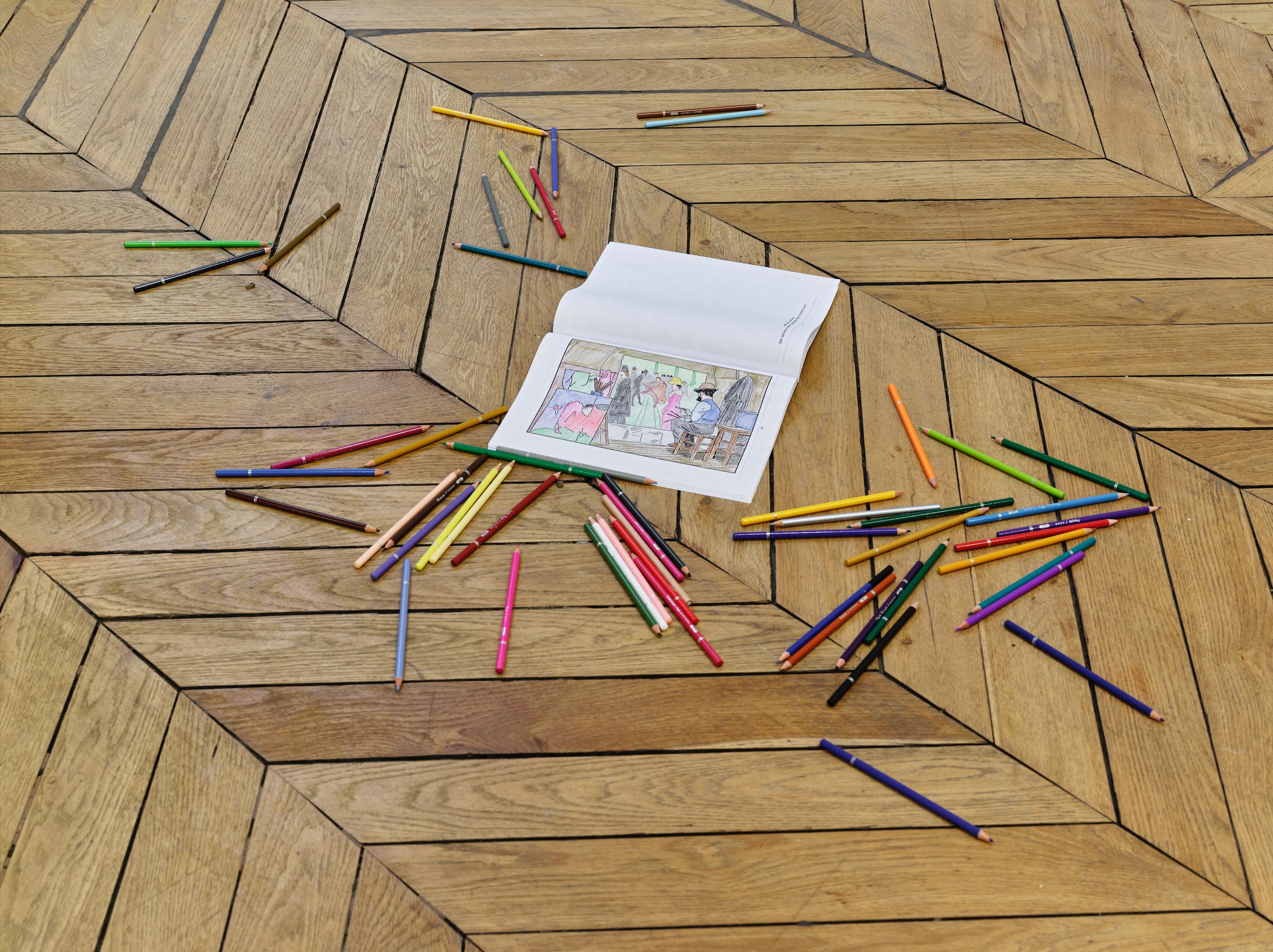 The Toulouse-Lautrec Coloring Book and fifty five colouring pencils, five pages completed by Minute,...