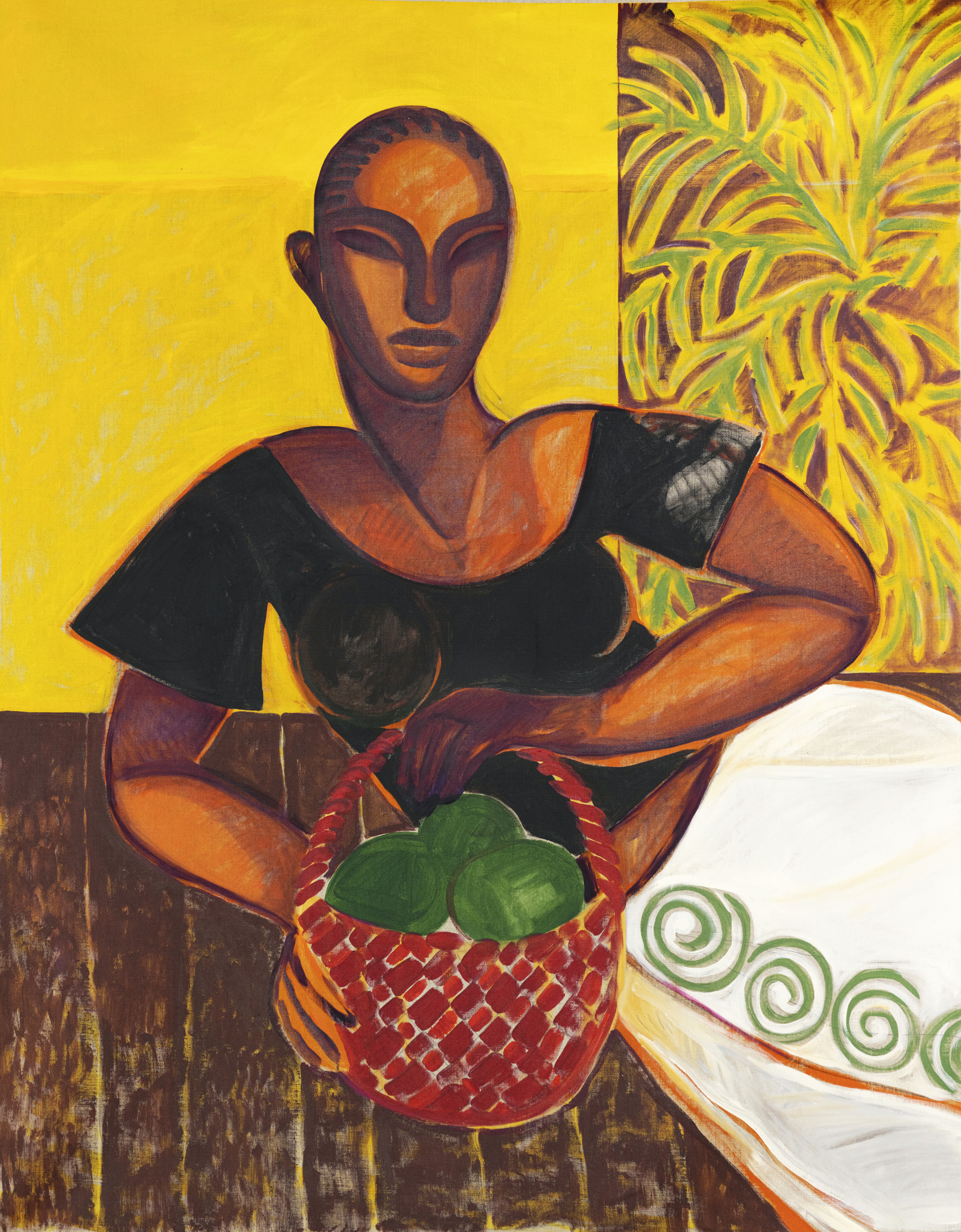 Panier rouge et vue sur palmier