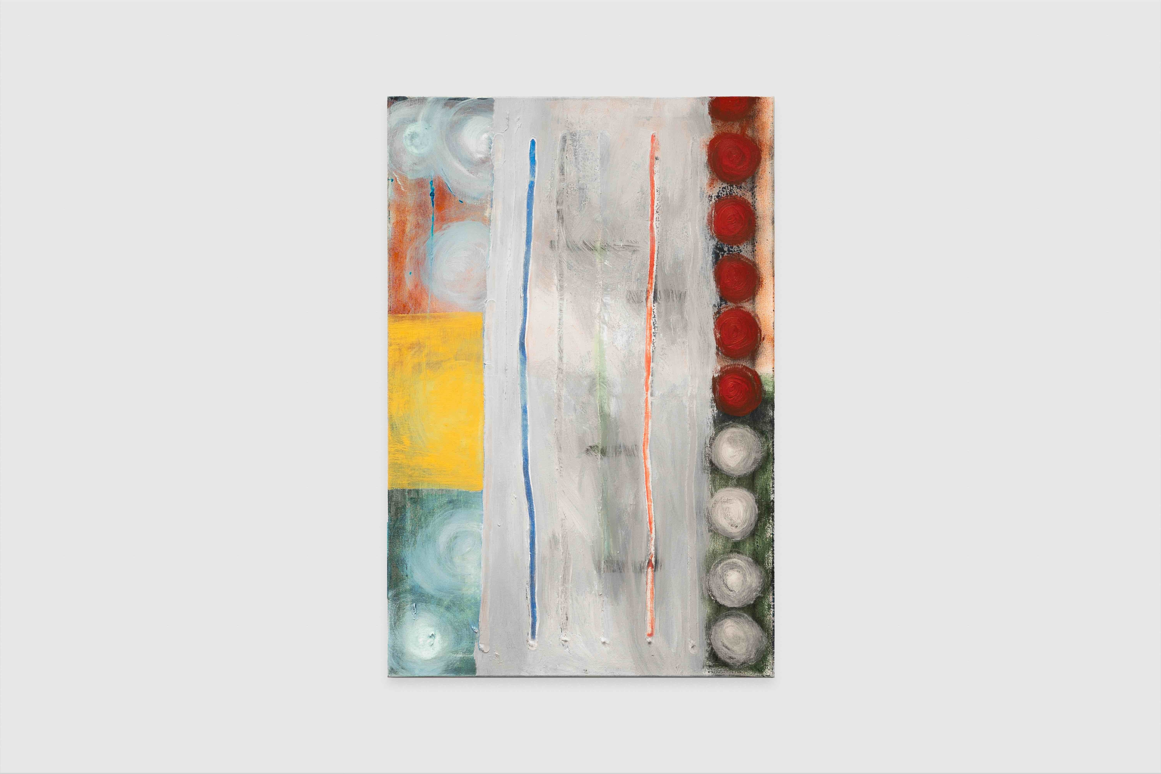 Untitled (red dots, white dots, two vertical lines, grey)