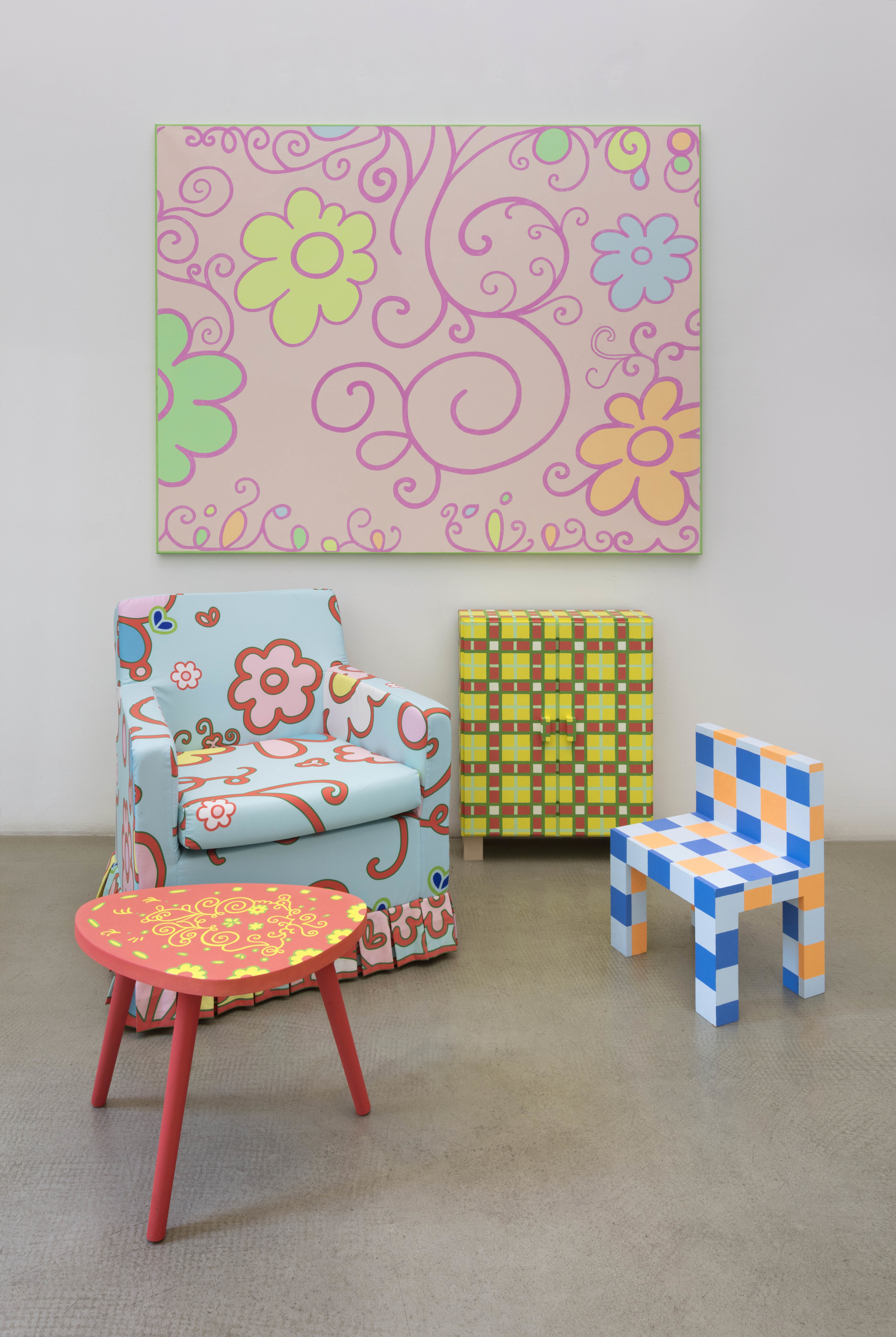 Small Pink Decoration with Painting, Armchair, Closet, Little Table, Blue Chair