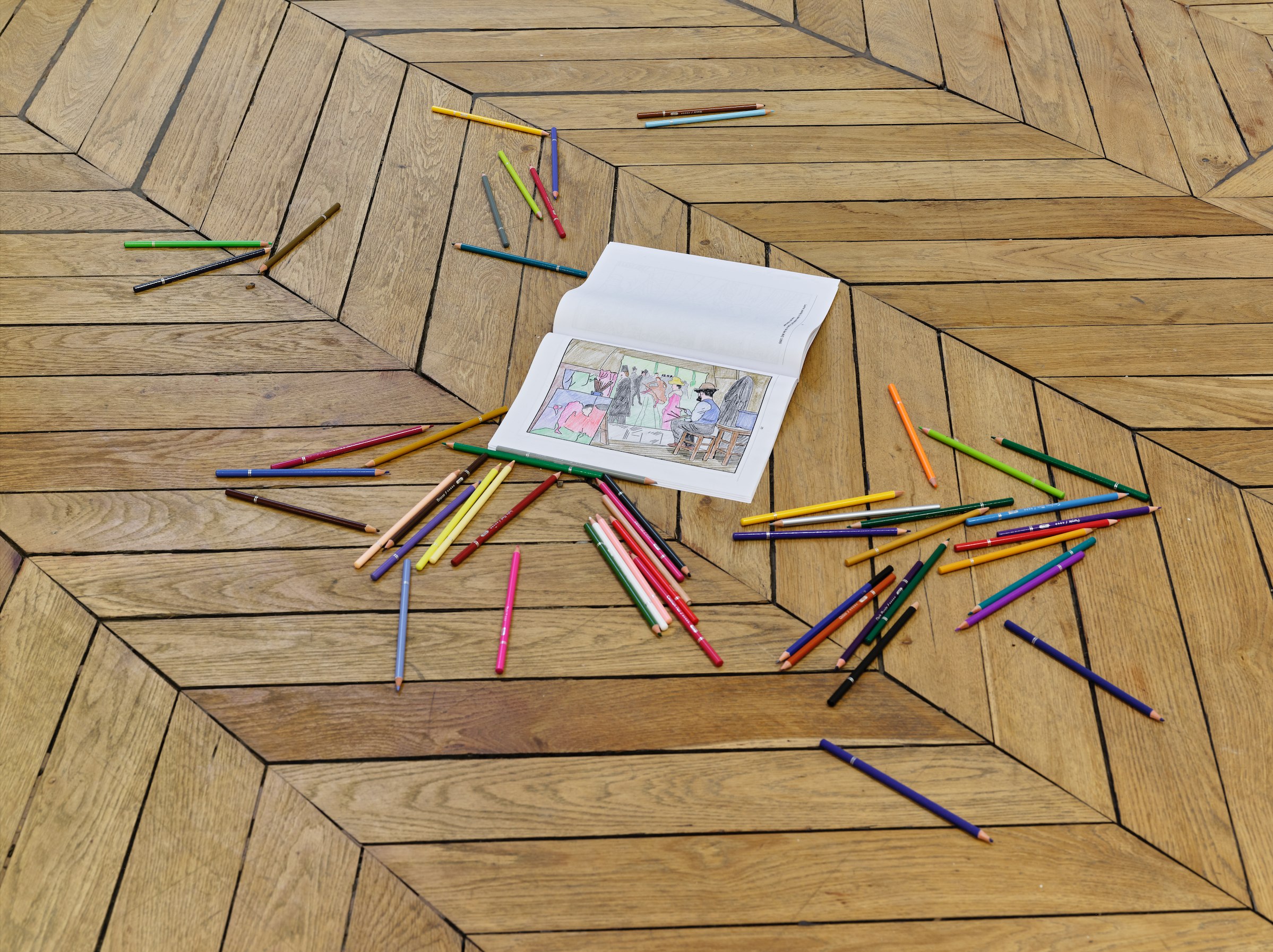 The Toulouse-Lautrec Coloring Book and fifty five colouring pencils, five pages completed by Minute,...