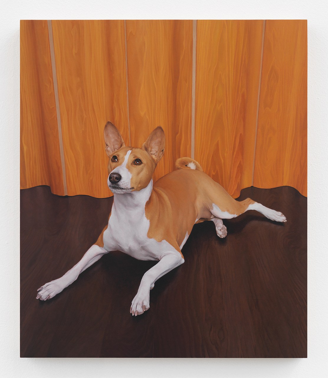 A painting of Akila, a purebred basenji, with an Eames folding screen in a writer's loft on 26th Str...