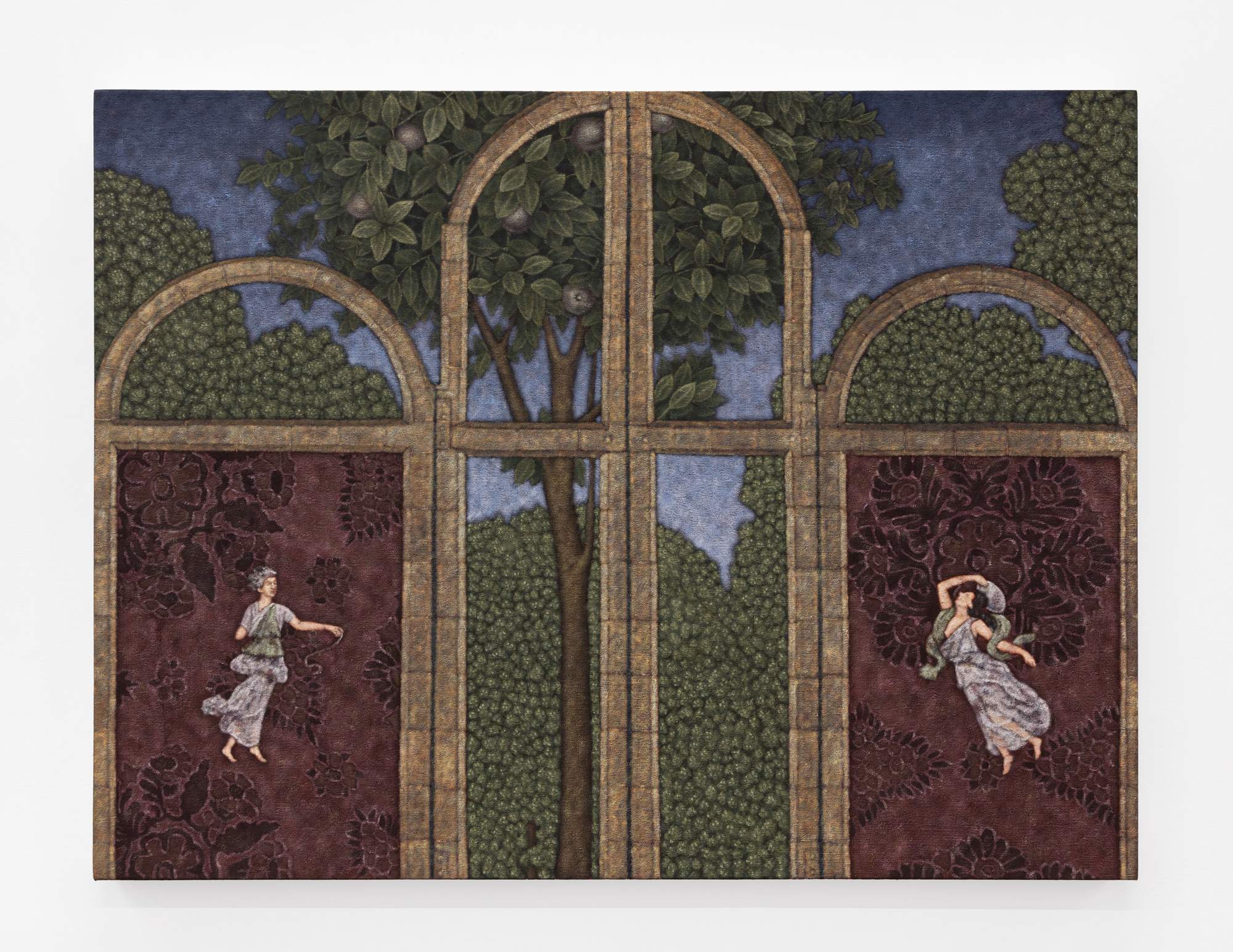 Flying figures with garden, floral motif, and frame