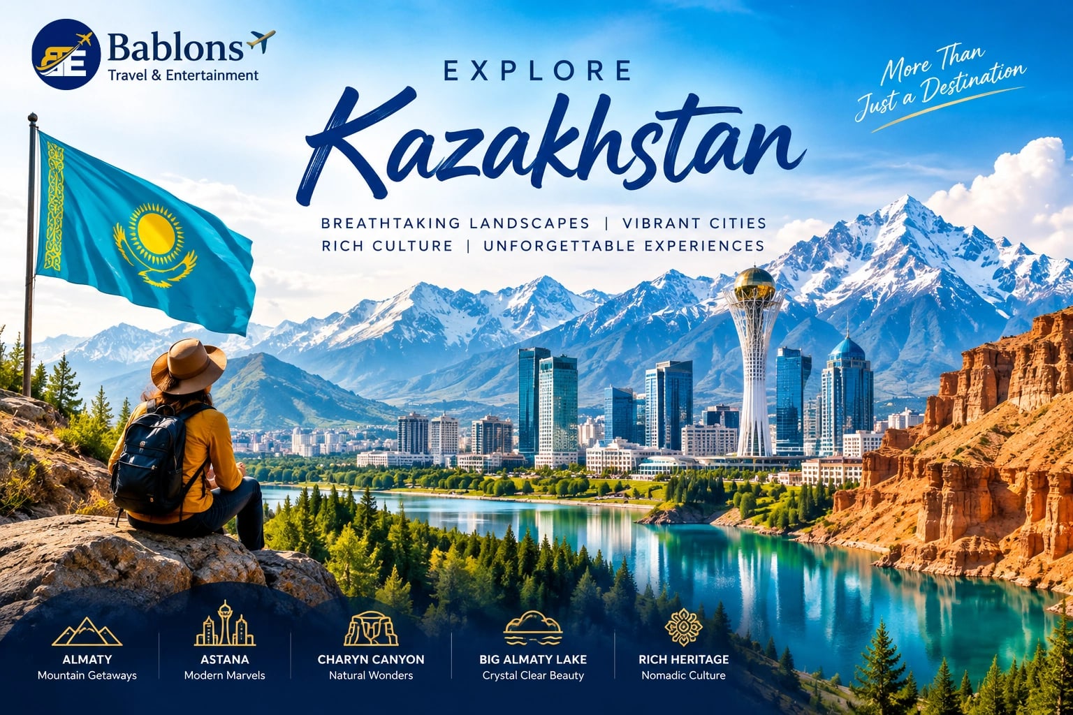 Beautiful Kazakhstan landscape featuring Almaty mountains, Astana skyline, Charyn Canyon, and Big Almaty Lake.