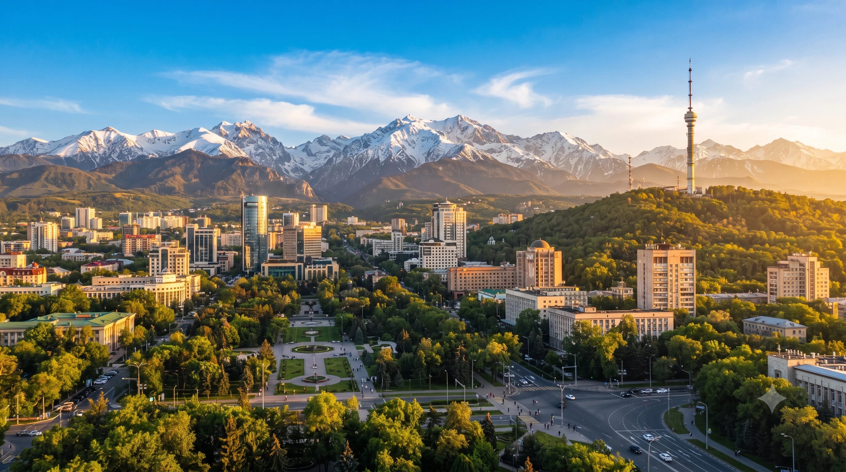 Beautiful panoramic view of Almaty, Kazakhstan featuring the Tian Shan Mountains, modern skyline, Kok Tobe Hill, and vibrant cityscape