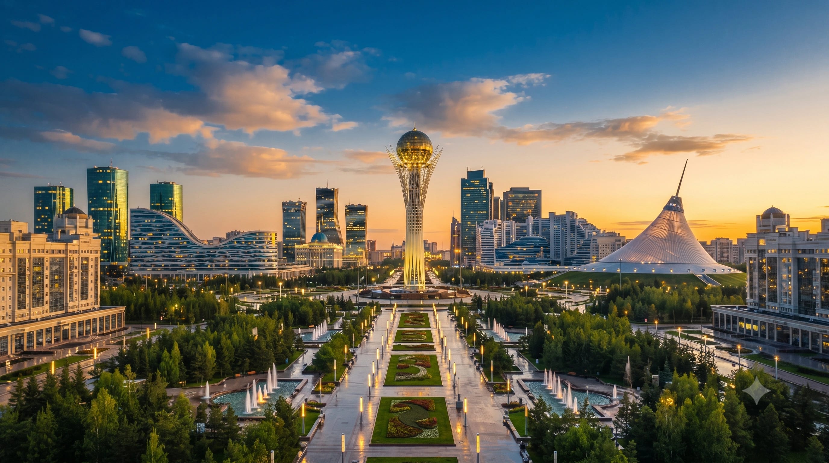 Modern skyline of Astana, Kazakhstan featuring Bayterek Tower, futuristic architecture, and iconic city landmarks