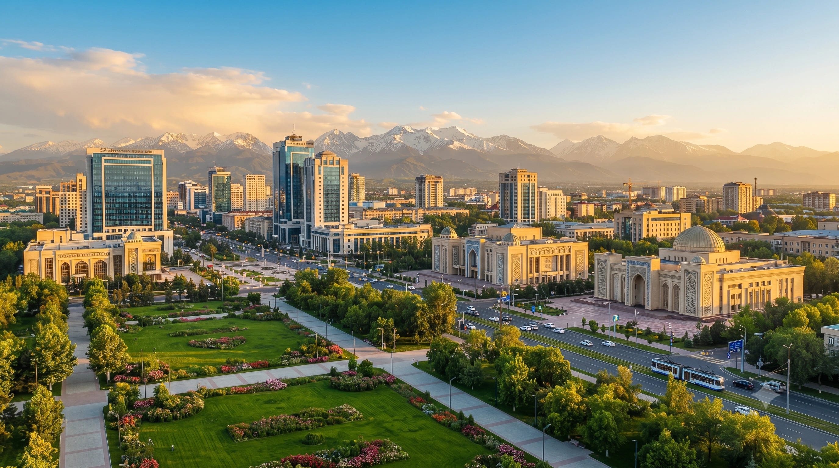 Scenic view of Shymkent, Kazakhstan featuring modern skyline, green parks, cultural landmarks, and beautiful city landscapes