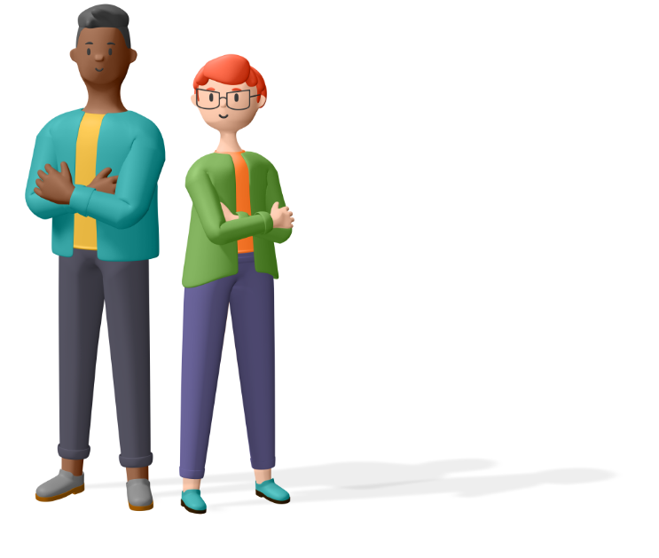 Deux personnages 3D se tiennent debout, bras croisés.L'un est un homme à la peau foncée, cheveux noirs, pull turquoise et pantalon gris. L'autre est une femme à la peau claire, cheveux roux, lunettes orange, cardigan vert et pantalon violet.