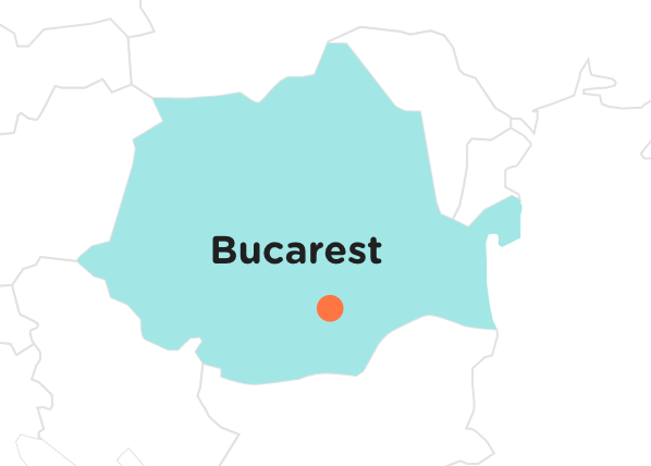 Carte schématique de la Roumanie, mettant en évidence la ville de Bucarest par un point orange et son nom en noir au centre du pays.