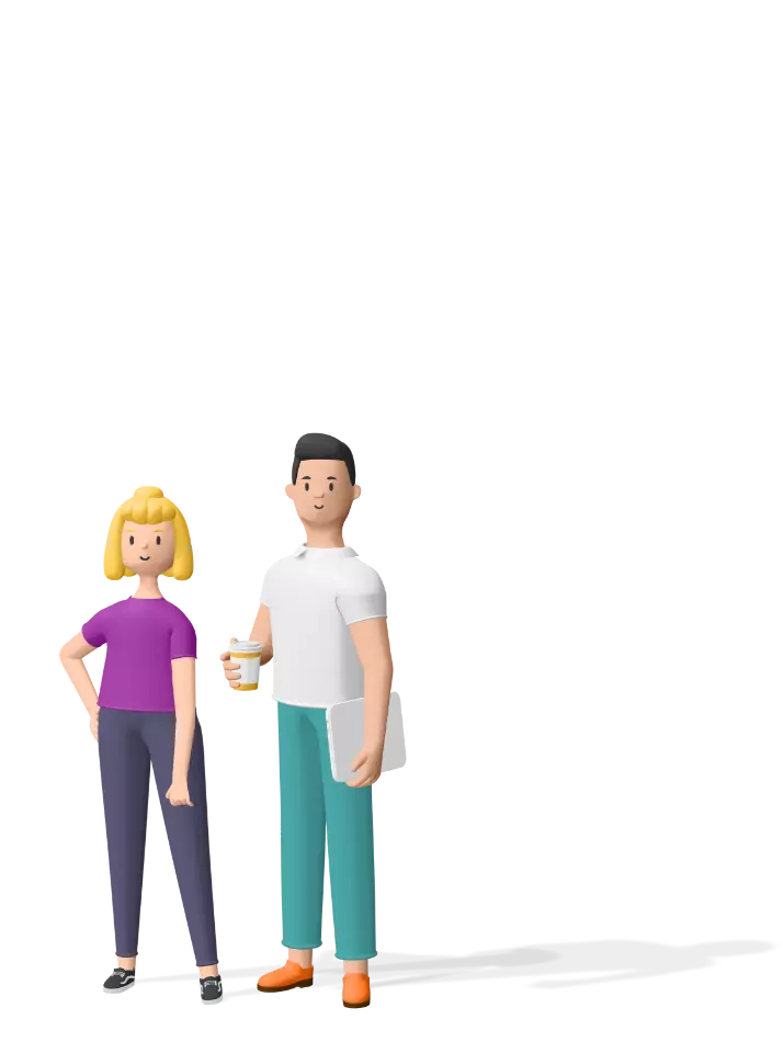 Deux personnages 3D, une femme blonde en t-shirt violet et pantalon bleu foncé a une main sur sa hanche. Un homme brun en t-shirt blanc et pantalon turquoise tient un gobelet de café et un livre.