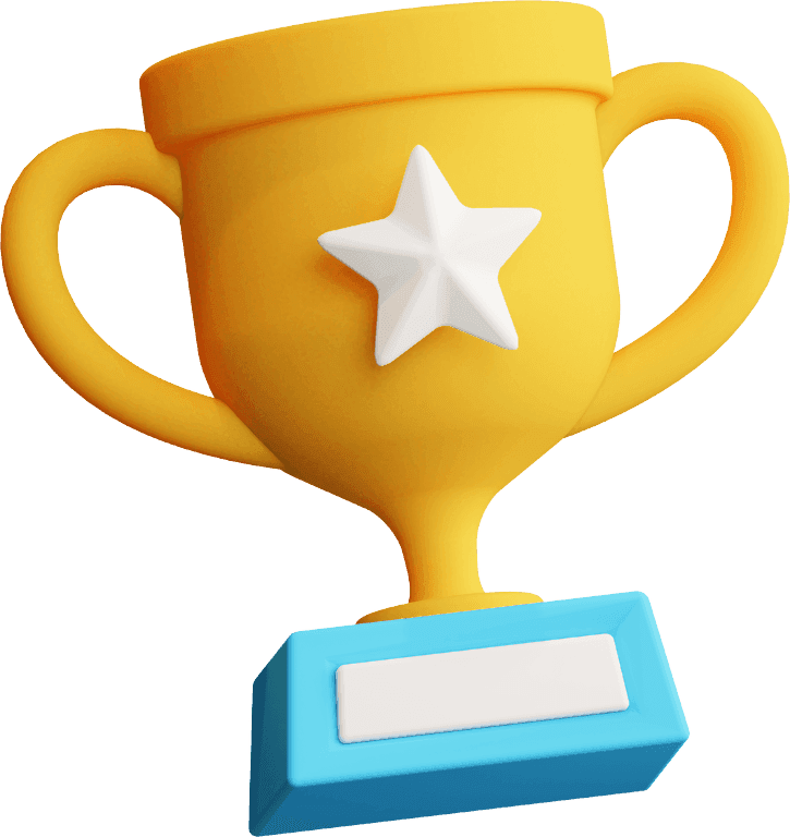 Trophée doré 3D avec une étoile blanche sur le devant, deux anses et un socle bleu avec une plaque blanche.