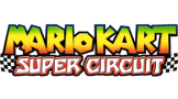 Logo de Mario Kart: Super Circuit, avec un texte coloré et des damiers noirs et blancs.