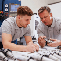 Un ingénieur expérimenté explique un composant mécanique à un jeune technicien dans un atelier industriel. Autour d'eux, des outils et machines de précision sont visibles. Leur collaboration illustre la transmission et l'importance du travail d’équipe