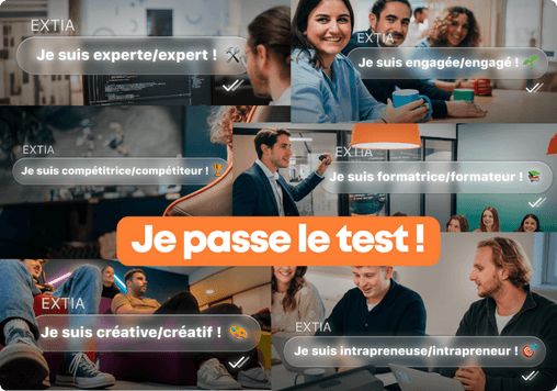Mosaïque des résultats du test "Quel Extien sommeille en toi ?" avec des profils comme expert, engagé, compétiteur, formateur, créatif et intrapreneur. Un bouton central affiche "Je passe le test !".
