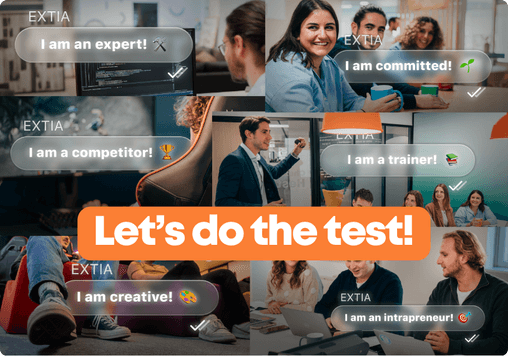 A mosaic of images representing the different profiles from the "Which Extian lies within you?" test, with labels such as expert, engaged, competitor, trainer, creative, or intrapreneur. In the center, an orange button displays "I take the test!".
