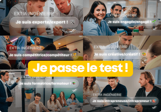 Mosaïque des résultats du test "Quel Extien sommeille en toi ?" avec des profils comme expert, engagé, compétiteur, formateur, créatif et intrapreneur. Un bouton central affiche "Je passe le test !".