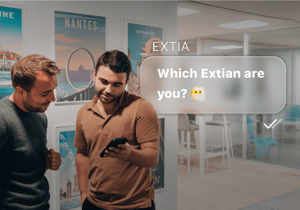 Two Extia employees are talking while looking at a phone, in front of city posters like Lausanne and Nantes. An overlaid message reads: "Which Extian lies within you? 🤖", inviting them to discover their profile at Extia.