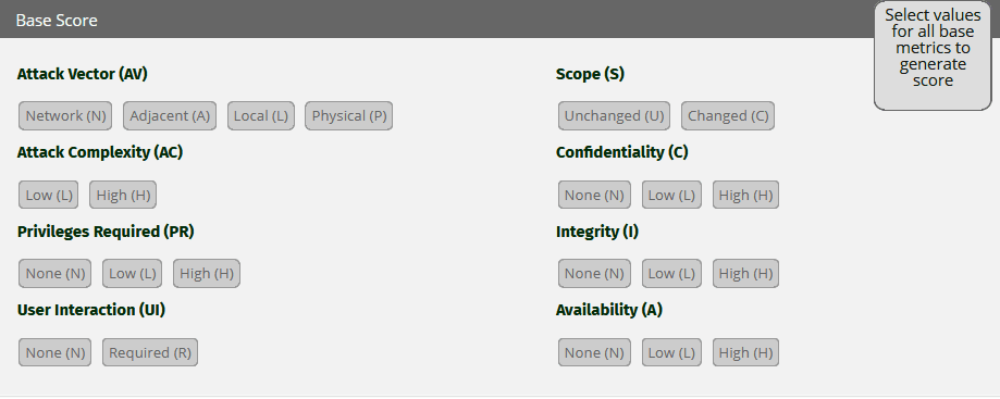 Interface de calcul du score CVSS v3.1 sans sélection active, invitant l'utilisateur à choisir les métriques de base pour générer un score.