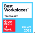 Logo du label "Best Workplaces Technology France 2025" décerné par Great Place To Work, sur fond bleu avec encadré rouge en bas à gauche mentionnant "Great Place To Work".