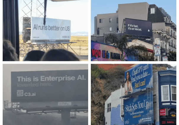 Quatre panneaux à San Francisco montrent la montée de l’IA dans la Silicon Valley, avec des slogans de marques tech comme C3.ai, Vercel, Meslus et Stitch.