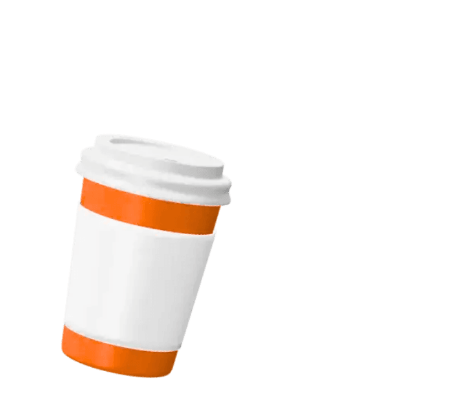 Gobelet à café en carton blanc avec deux bandes orange et un couvercle blanc.