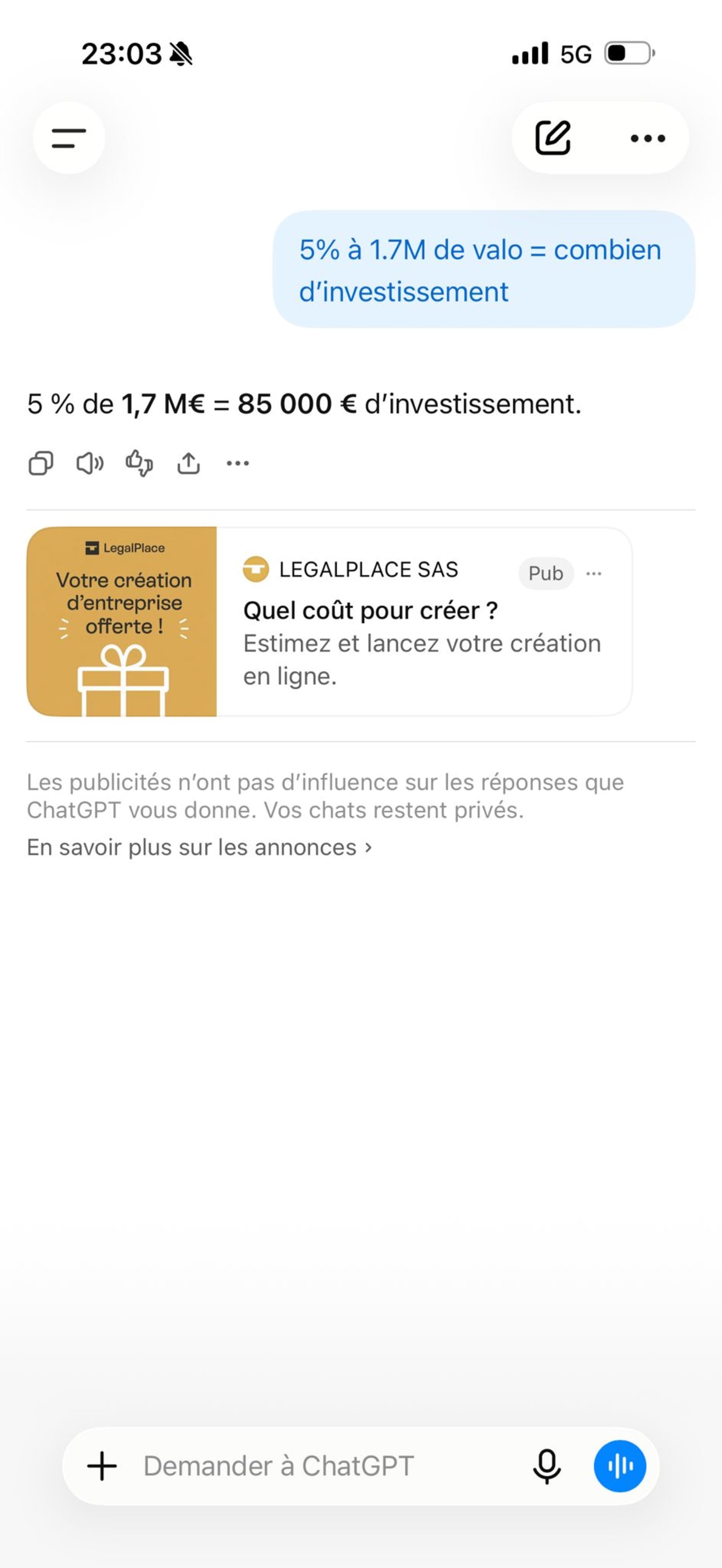 Aperçu de la publicité sur chatgpt