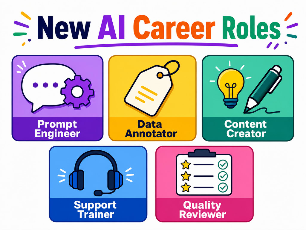 Infographic showing five new AI-related job roles as icon cards — AI prompt engineer, AI data annotator, AI content creator, AI customer support trainer, and AI output quality reviewer