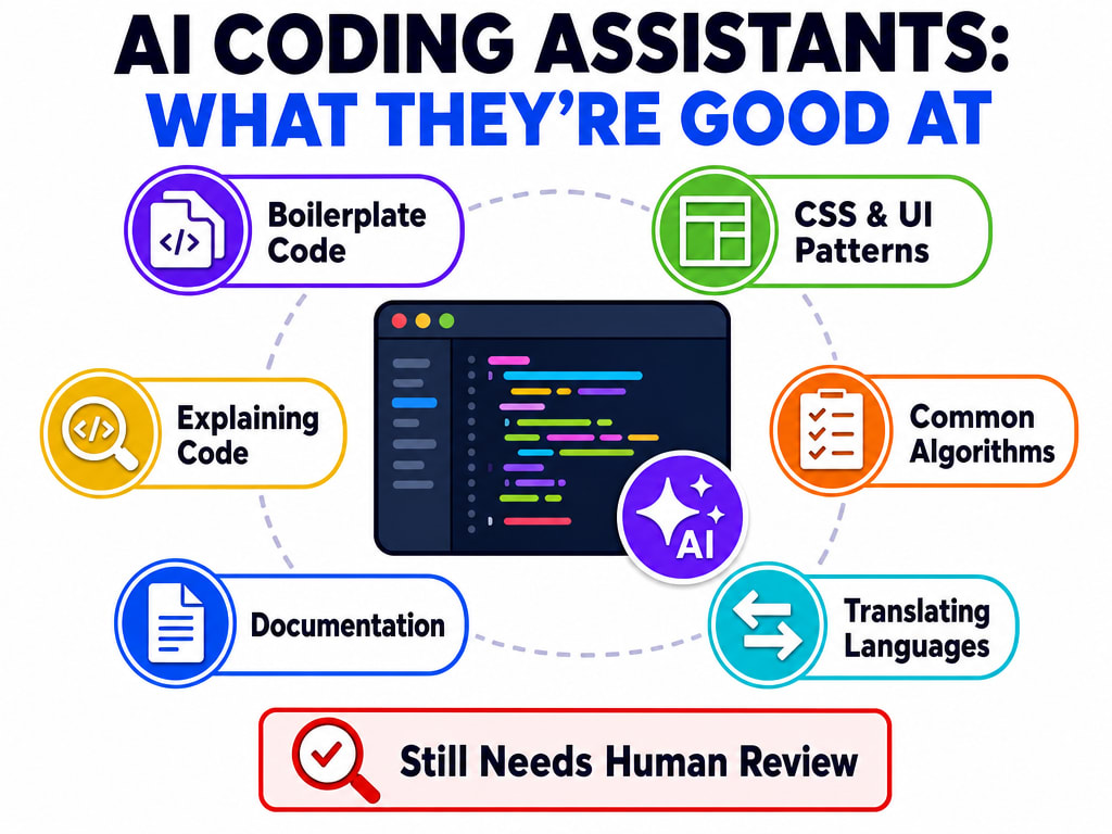 Infographic showing six things AI coding assistants are good at — boilerplate code, CSS and UI patterns, common algorithms, translating between languages, documentation, and explaining code — around a code editor icon, with a banner underneath reading Still Needs Human Review