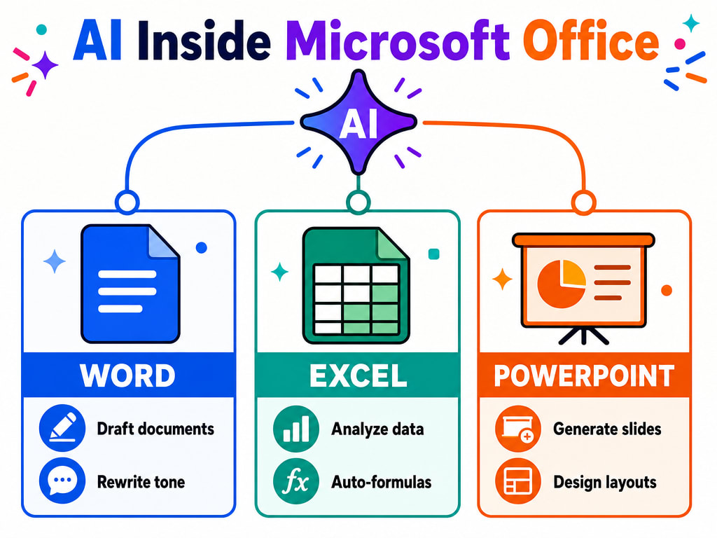 Colorful infographic showing AI features inside Word, Excel, and PowerPoint — drafting and rewriting in Word, data analysis and formulas in Excel, and slide generation and design in PowerPoint