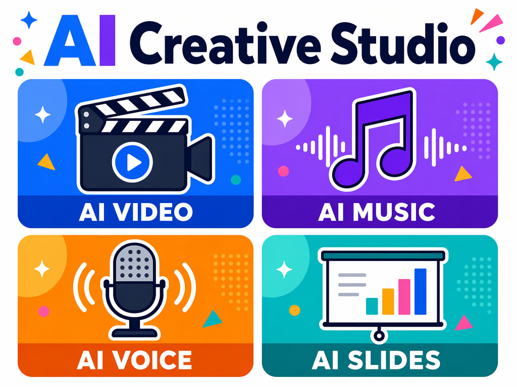Colorful infographic showing four AI creative tool categories in a grid — AI video, AI music, AI voice, and AI presentation slides