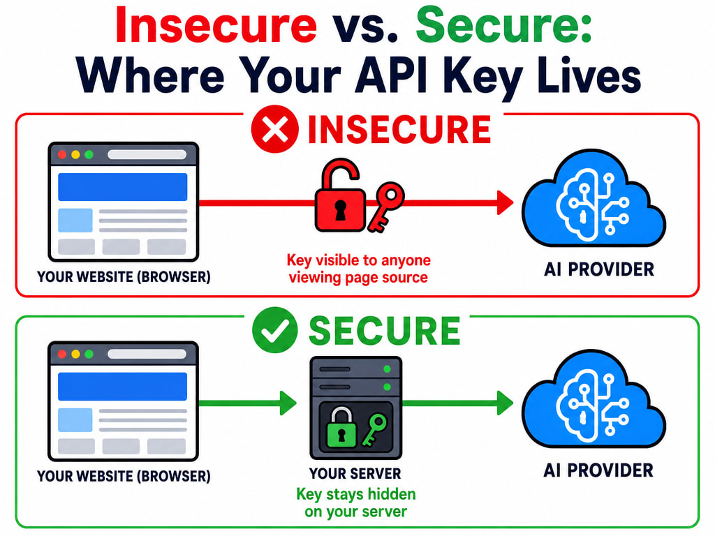Diagram contrasting an insecure setup, where the browser talks directly to the AI provider with the API key exposed in page source, against a secure setup, where the browser talks to your own server and the key stays hidden there