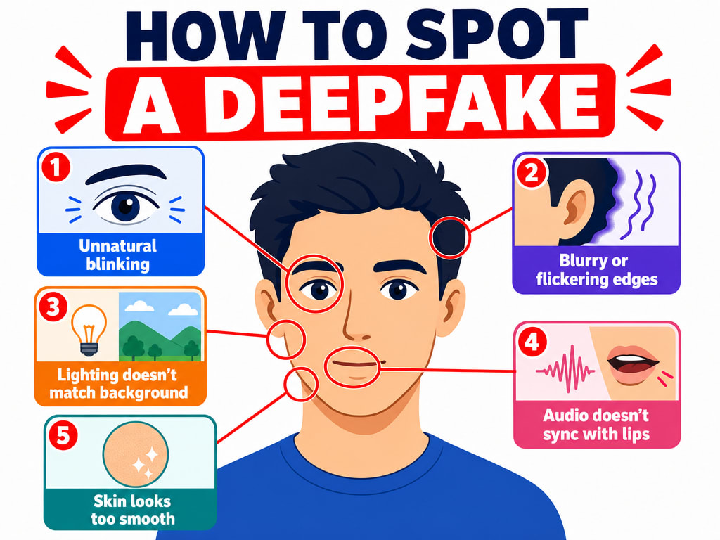 Colorful infographic showing five warning signs to spot a deepfake around a face illustration: unnatural blinking, blurry edges, mismatched lighting, unsynced audio, and overly smooth skin