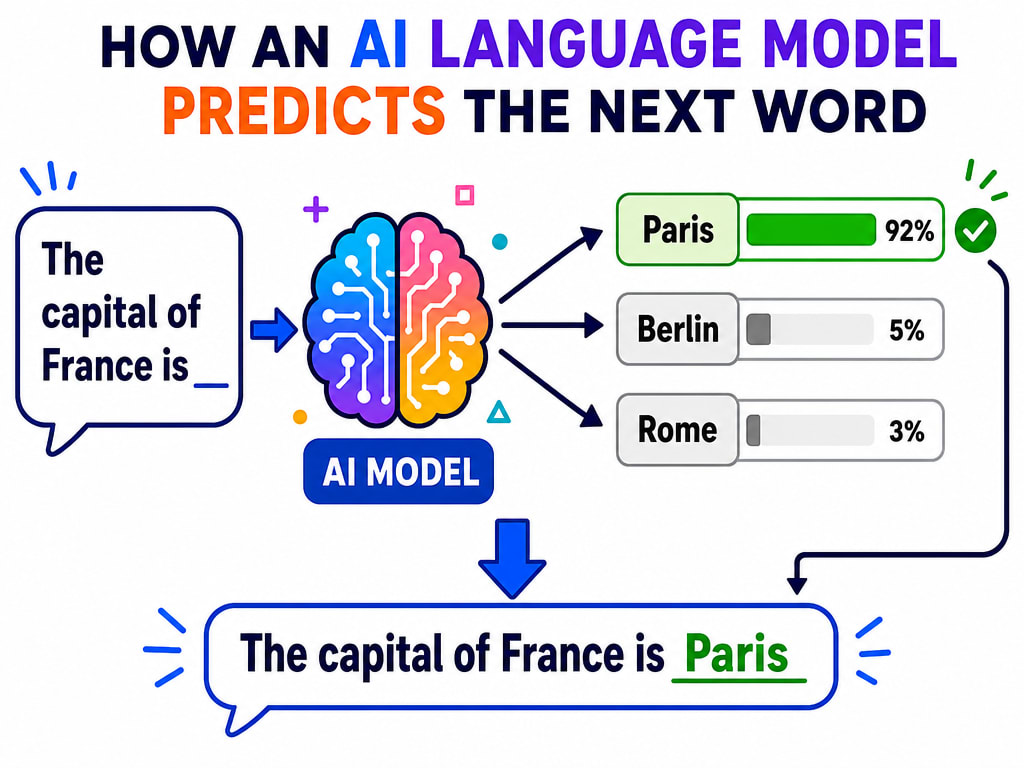Colorful infographic showing an AI language model predicting the next word in the sentence "The capital of France is", with Paris highlighted as the highest-probability correct answer among lower-probability alternatives
