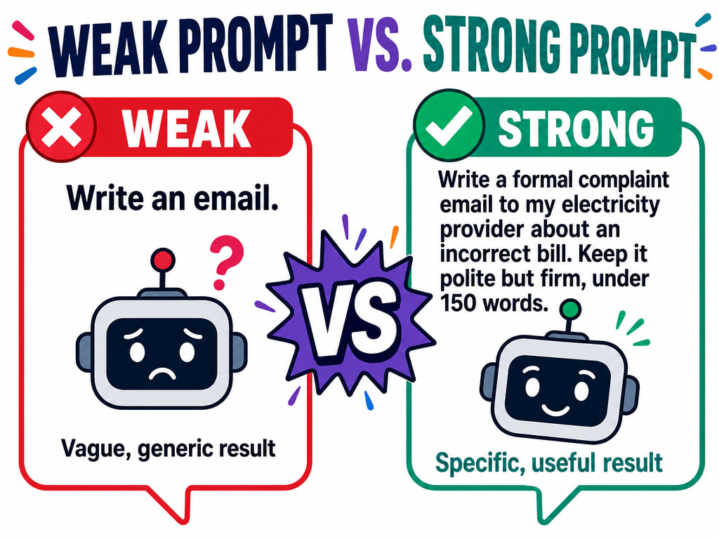 Colorful infographic comparing a weak, vague AI prompt that produces a generic result against a strong, specific AI prompt that produces a useful result