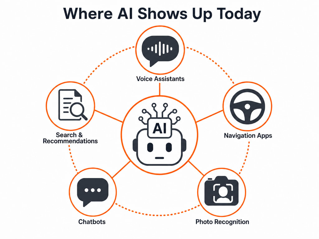 Diagram showing where artificial intelligence already shows up in daily life — voice assistants, search and recommendations, navigation apps, chatbots, and photo recognition