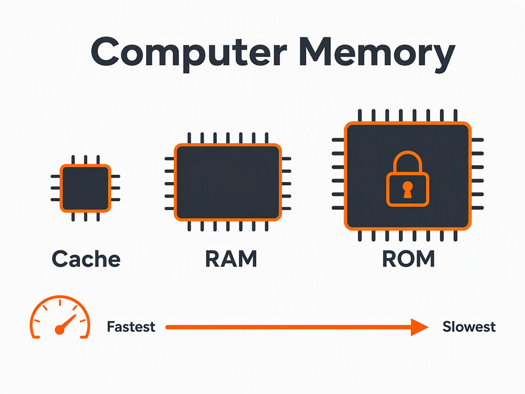 Diagram comparing cache, RAM, and ROM memory chips arranged from fastest to slowest
