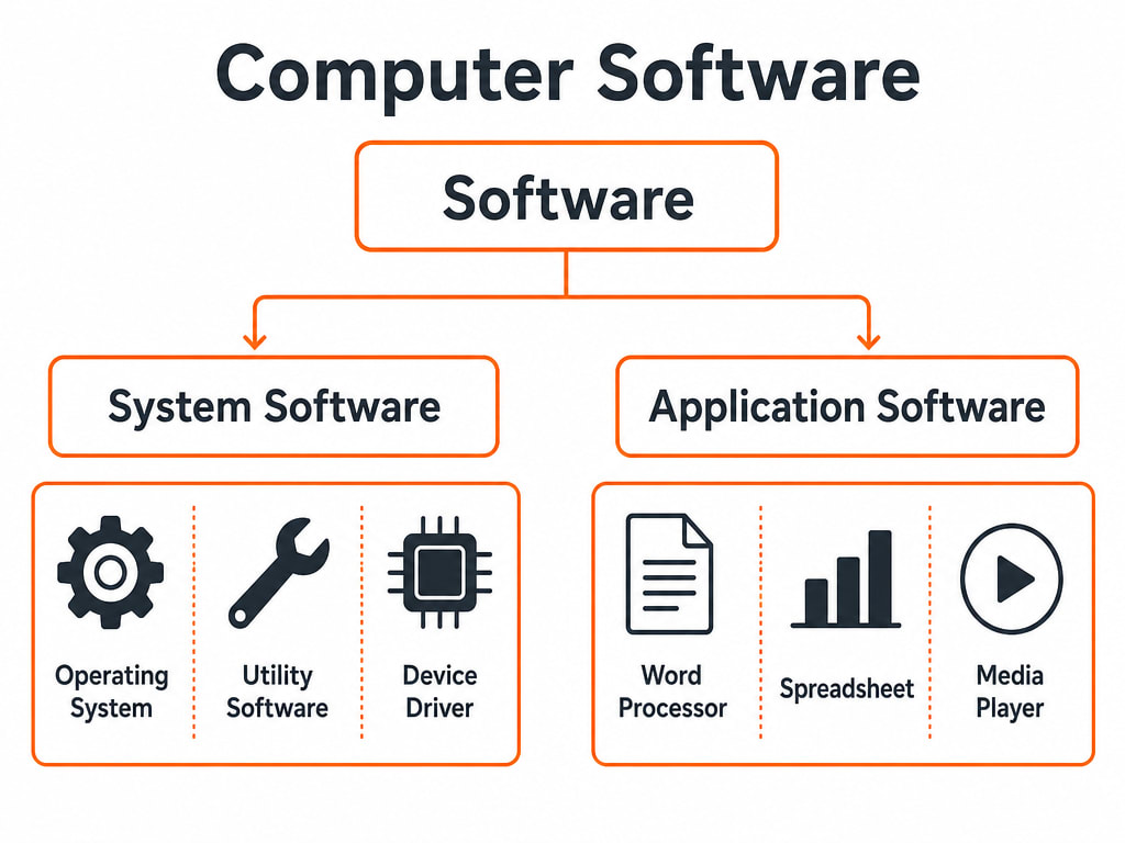 Diagram dividing software into two categories — system software with an operating system, utility software, and device drivers, and application software with a word processor, spreadsheet, and media player